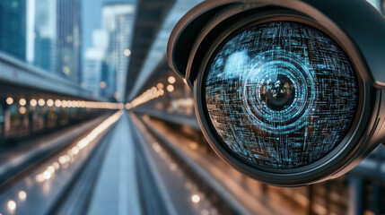 Surveillance camera with digital interface observing urban environment, showcasing technology