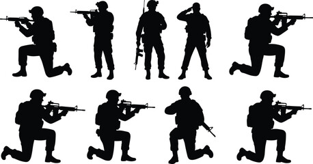 Military soldier silhouette, armed forces, combat pose, tactical army man, weapon holding soldier, army team silhouettes, vector illustration