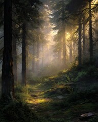 Naklejka premium Enchanted forest with soft golden sunlight filtering through tall trees, creating a magical and serene atmosphere.