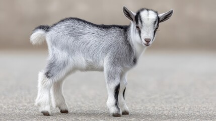 A cute baby goat kid with black and white markings stands on a textured surface, looking towards the camera with curiosity