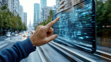 Person interacts with futuristic touchscreen device displaying digital data in cityscape