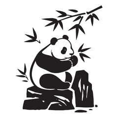  Silhouette of a panda sitting on a rock and munching on bamboo.
