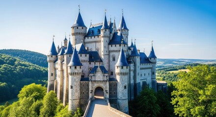 Obraz premium Majestic stone castle atop a hill, surrounded by lush greenery