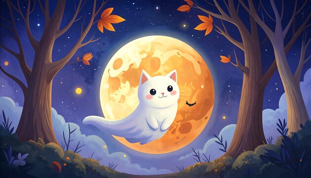 Cute ghost cat under a full moon - Powered by Adobe