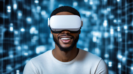 Person wearing virtual reality headset smiles while immersed digital environment. background