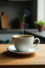 Obraz premium A steaming cup of black coffee sits on a wood surface Soft focus kitchen backdrop provides ample copy space , photography, background, food