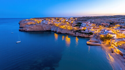 Coastal village glowing at dusk, reflecting lights on calm water, serene atmosphere