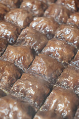 Delicious baklava displayed in a sweet shop bakery