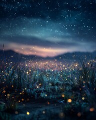 Obraz premium Dreamlike meadow under a starry night sky with glowing fireflies, evoking wonder and tranquility.