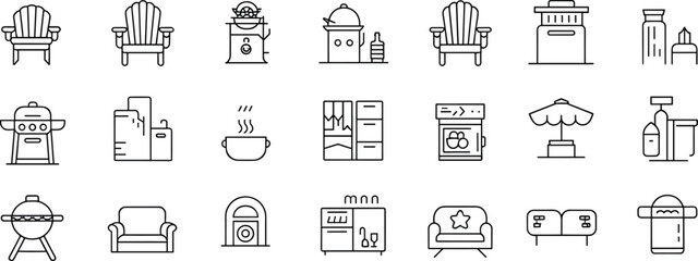Flat vector illustration of household furniture, kitchen appliances, outdoor cooking equipment, chairs, sofa, barbecue grill, refrigerator, modern home essentials