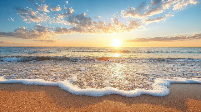 Sunset over ocean waves gently rolling onto sandy beach, creating serene atmosphere