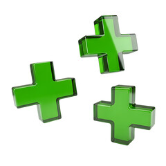 Obraz premium Three green plus signs are isolated on transparent background, representing addition, positive values, and medical assistance in a simple and clean design