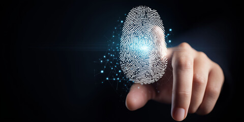 Person's hand pointing at a virtual fingerprint - abstract concept of biometric data and security
