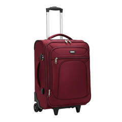 A vibrant red rolling suitcase with an extended handle, perfect for travel, vacations, and business trips, offering ample storage and easy mobility.