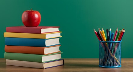 A Vibrant Still Life Composition Featuring Stacked Books with a Red Apple on Top and Colorful Pencils in a Holder
