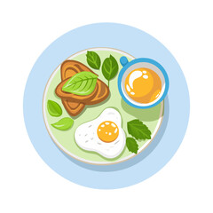 Illustration of avocado toast, sunny side up eggs on a plate, and a latte with leaf art on a light background