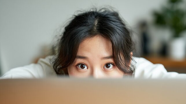 laptop reflection face eyes wide notifications social media email screen daylight tidy desk home office neutral