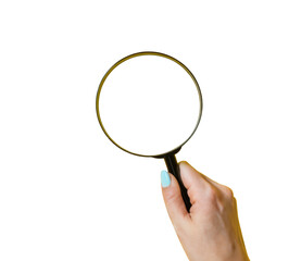 magnifying glass held by hand on white background