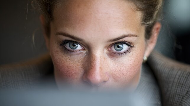 laptop reflection face eyes wide notifications social media email screen corporate office meeting calendar neutral