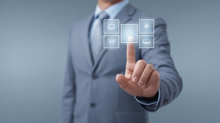 Businessman in a suit touching a futuristic digital interface with icons representing various business functions and services