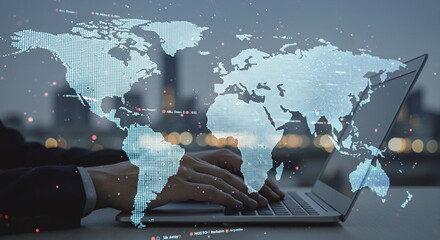 Global Communication and Technology Concept with World Map Overlay