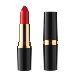 Obraz premium Vibrant red lipstick and its black casing isolated on transparent background for beauty and cosmetics