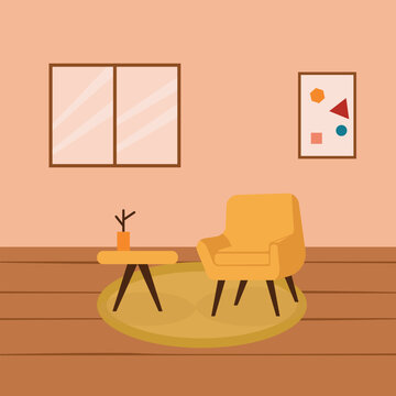 Room with a window painting and furniture.