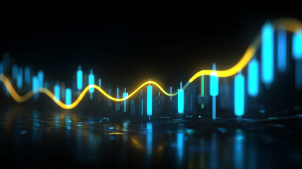 Digital financial stock market graph with a yellow data wave and blue columns, representing business growth and data analysis