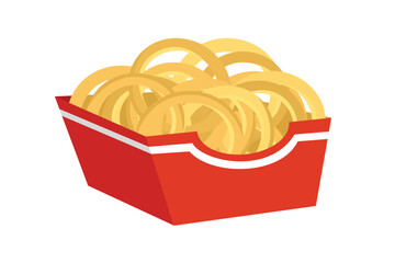 Crispy onion rings in a red container. Onion ring packaging. Food packaging. Crispy food.