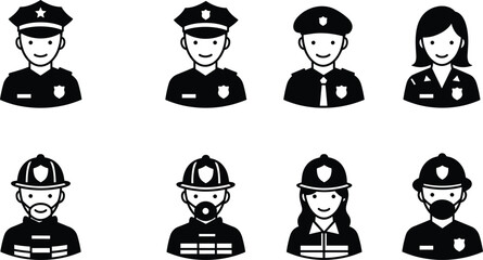 Police and firefighter icons, emergency responders, uniformed personnel, safety professionals, public safety, law enforcement, fire service, male and female avatars