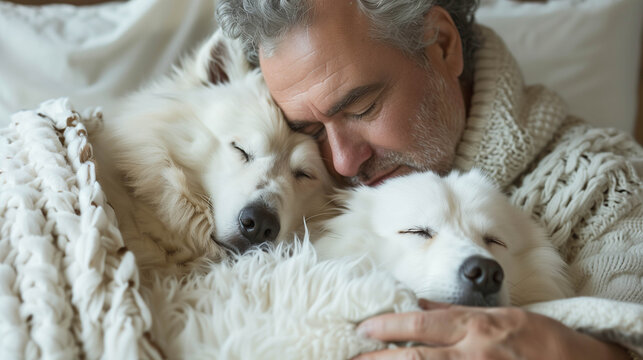 Mature man peacefully cuddling with white fluffy dog on cozy bed indoors