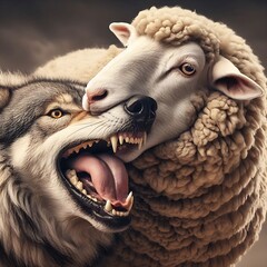 "The sheep hunts the wolf، The sheep bites the wolf." 
