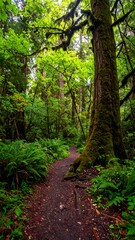 Fototapeta premium Lush forest trail winds through the green canopy