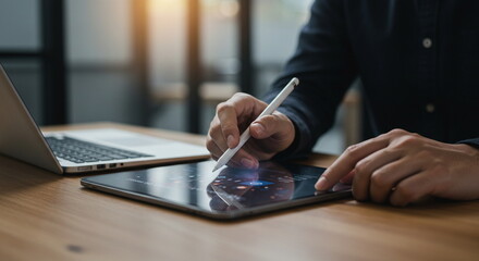 Man Using Tablet and Stylus Pen for Digital Work