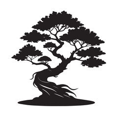 Silhouette of a stylized bonsai tree, isolated on a white background, representing nature and art