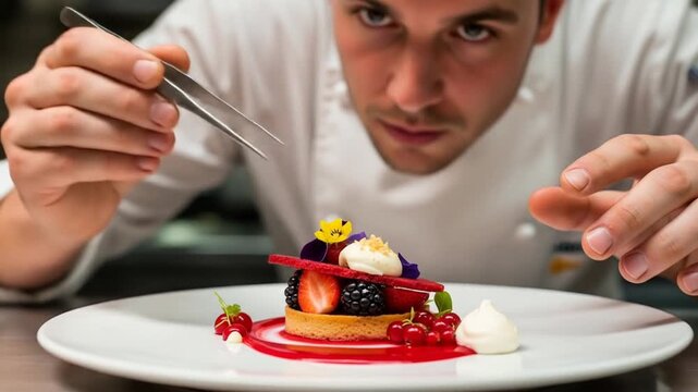 Chef meticulously plating gourmet dessert with precision using tweezers in professional restaurant kitchen showcasing culinary skill and attention to detail