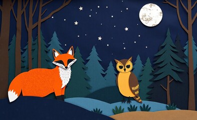 Fototapeta premium A wise owl and sleek fox stand in a serene, star-lit forest at night, with a bright full moon in the background.