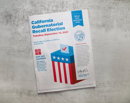 San Diego, CA USA on August 15, 2021. The official voter information guide for the California Recall Election on September 14, 2021. Governor Gavin Newsom recall.