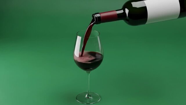 Pouring Red Wine into Elegant Glass Against Green Background Studio Shot