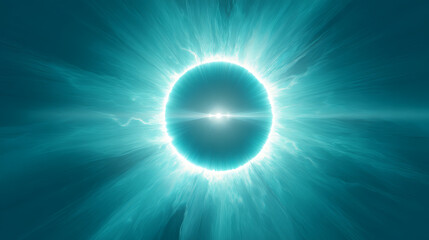Vibrant neon aqua halo radiates with cinematic white flare, creating mesmerizing and energetic visual effect. glowing circle emits dynamic light rays, evoking sense of power and intensity
