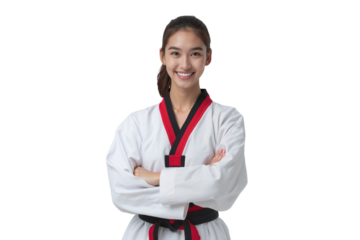 Cheerful portrait of a female taekwondo athlete in her dobok, with arms crossed and a confident smile