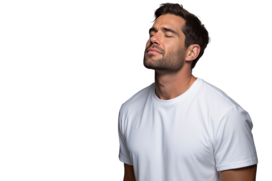 Peaceful portrait of a handsome man with his eyes closed, suggesting tranquility, meditation, or relief