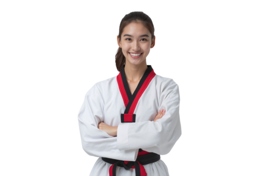 Cheerful portrait of a female taekwondo athlete in her dobok, with arms crossed and a confident smile