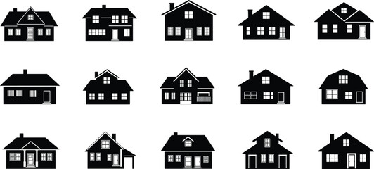 Set of black house icons, modern and traditional home silhouettes, real estate symbols, residential architecture collection, vector illustration bundle