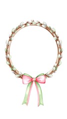 Fototapeta premium Circular wreath of twigs and buds, adorned with a pastel pink and green bow