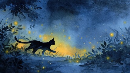 Fototapeta premium A silhouette of a cat walks through a dimly lit landscape filled with glowing fireflies, surrounded by lush foliage and a deep blue sky.
