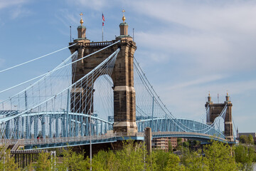 A view of the iconic John A, Roebling Suspension Bridge in Cincinnati, Ohio.