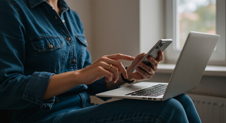 Naklejka premium Woman Using Laptop and Smartphone for Multitasking