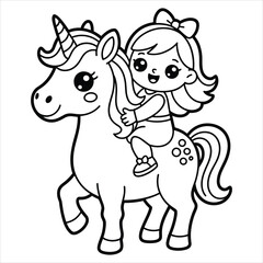 Cute Girl Riding Unicorn Coloring Page Vector Illustration