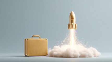 A golden rocket launches from a cloud of smoke beside a vintage suitcase, symbolizing adventure and exploration.